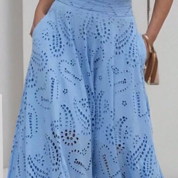 Blue Elegant Women's Floral Hollow Out Full Embroidery A-Line Maxi Skirt - Picture 8 of 11